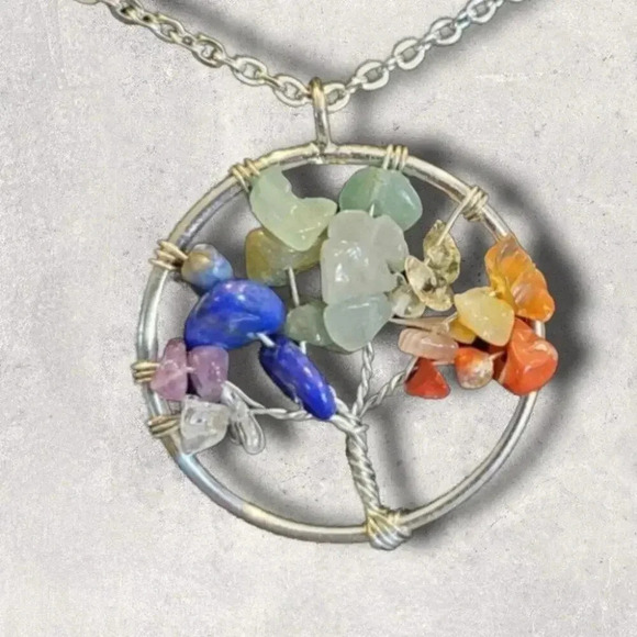 Chakra Tree of Life Necklace Wire Wrapped with Stone Chips- Silver - Picture 5 of 8